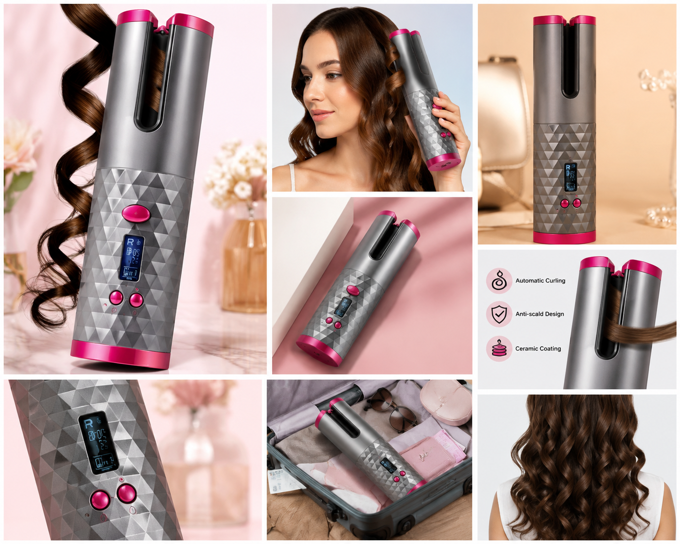 Hair Curler LCD Cordless Auto Rotating Waver Curling Iron Ceramic Wireless USA