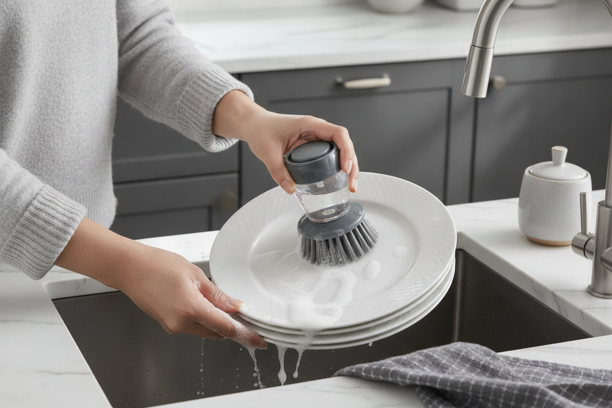 Close-up of a South Asian woman's hands using an Automatic Dish Soap Dispensing Brush to clean white dishes in a modern kitch