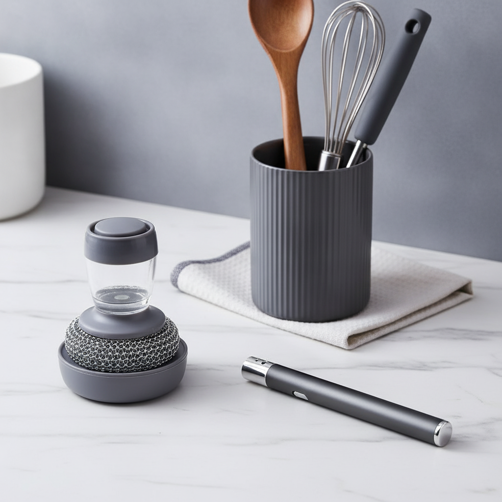 Automatic Dish Soap Dispensing Brush, Luminous Matchstick Refillable Candle Lighter, and a third kitchen item in a modern fla